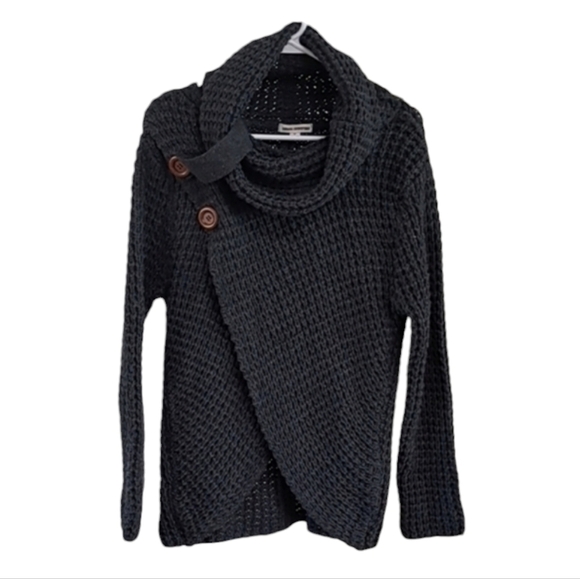 Zenana Outfitters Stormy Gray Cowl Neck Tulip Hem Wrap Knit Sweater Sz Medium - Picture 2 of 12